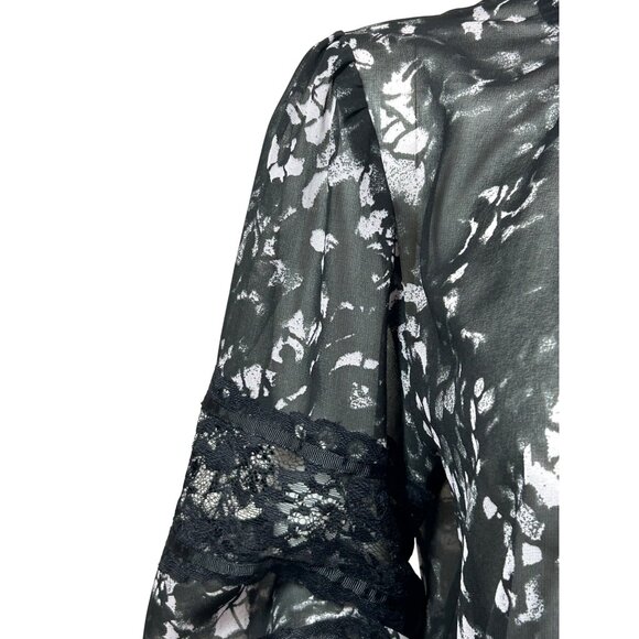 DKNY Blouse M Black White Speckled Lace Trim Long Sleeves Ruffle Neck Ties Sheer - Picture 8 of 16